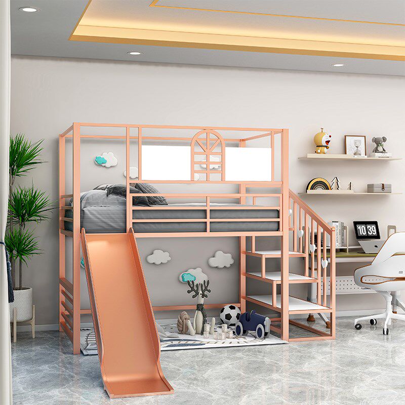 loft铁艺高架床儿童床半高床一体树屋城堡床带书桌上床下空带滑梯