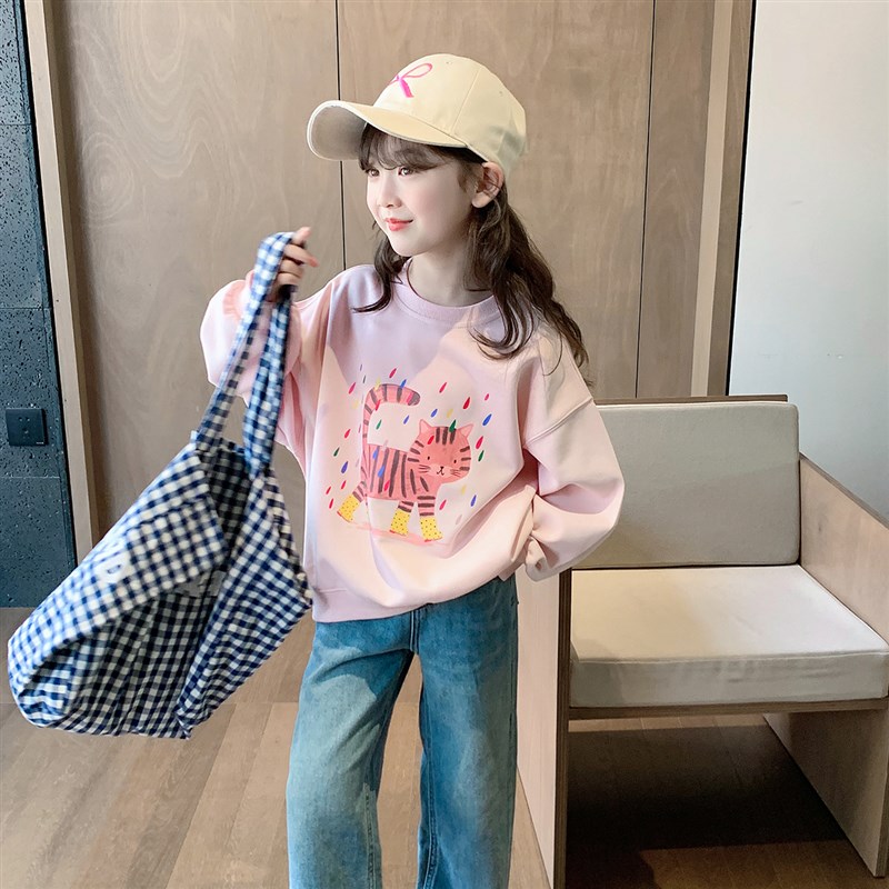 热销女童卫衣2024春装新款韩版儿童小猫印花上衣宝宝春秋休闲套头