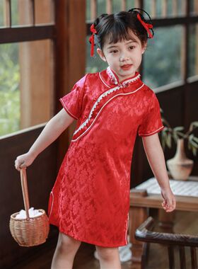 女童旗袍洋装2023新q款宝宝民族风汉服儿童中国风复古大红色蕾丝