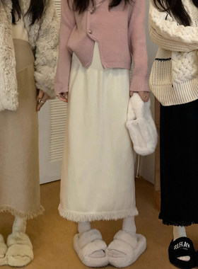 孕妇裙秋冬装外穿宽松慵櫴风中长版加厚针织流苏孕妇半身裙A字裙