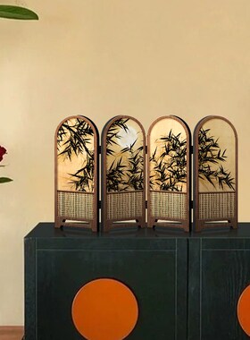 中古风桌面装饰摆件电视柜斗柜屏风摆台画墨竹图创意可折叠小摆画