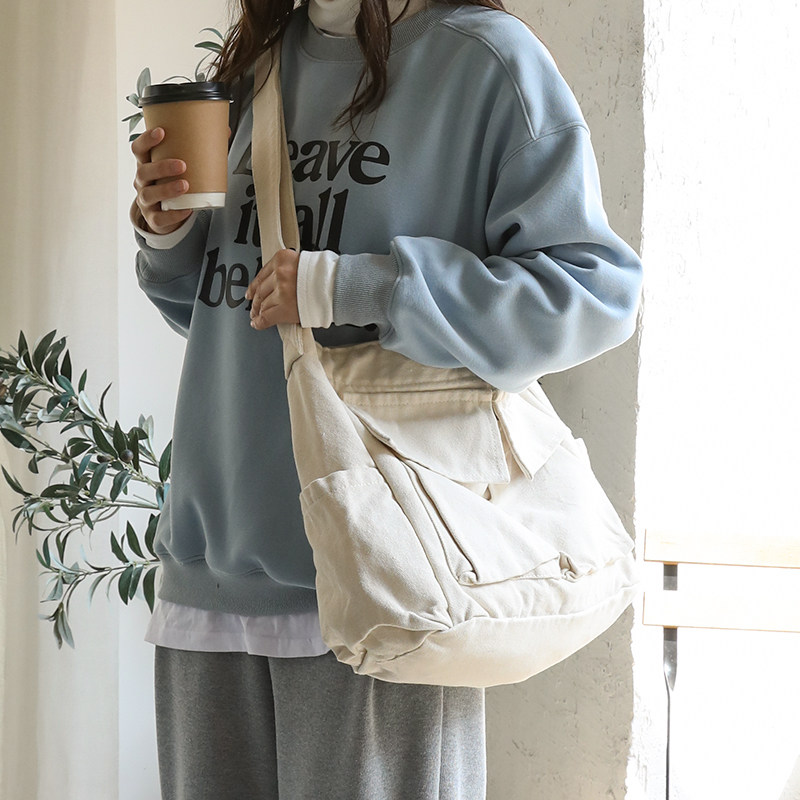 韩系文艺水洗帆布邮差包男女款大容量单肩斜挎包慵懒风学生上课包