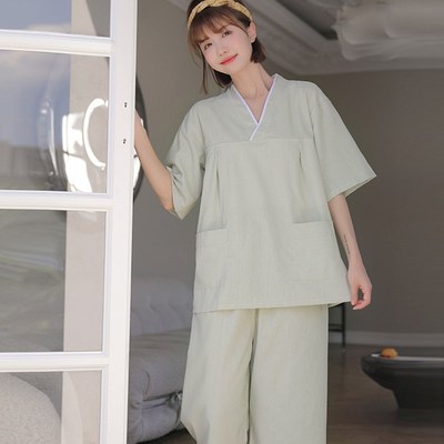 汗蒸服女款亚麻七分裤情侣家居服睡衣男L款桑拿服洗浴服按摩服