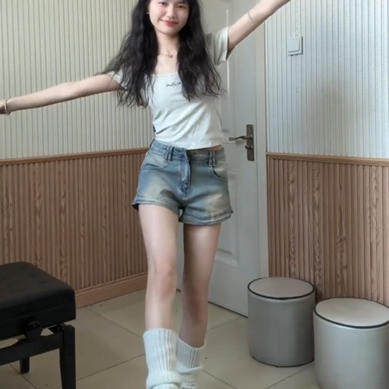 美式复古小个子牛仔短裤女夏薄款高腰弹力显瘦a字辣X妹直筒阔腿裤