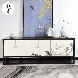 新中式电视柜实木落地高款彩绘加高卧室主卧高柜酒店电视机柜客厅