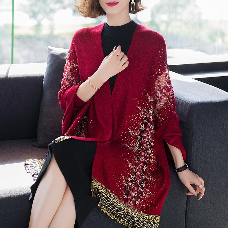 春秋薄款妈妈配旗袍披肩外搭带袖子E民族风流苏婚礼斗篷外套优雅