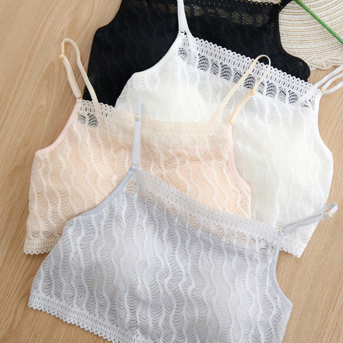 真丝抹胸裹胸内衣女带胸垫文胸一体吊带小背心打底女防走光蕾丝白