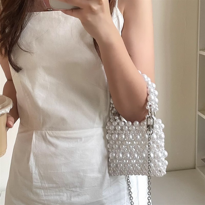 珍珠银色包包女2024夏r季新款小众设计编织链条包手提斜挎迷你小
