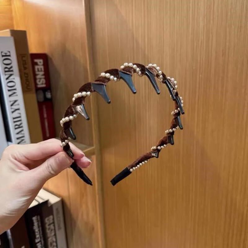 红色植绒珍珠波浪发箍女高颅顶头箍洗脸防滑压发卡高级感秋冬新款