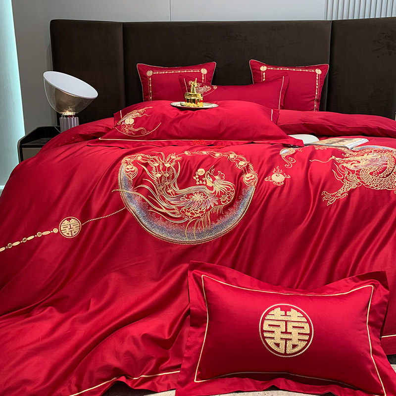 新中式红色婚庆100支长绒棉四件套龙凤刺绣结婚床盖床上用品,床上用品,婚庆床品套件,淘宝优惠券,粉丝福利购,淘宝优惠卷