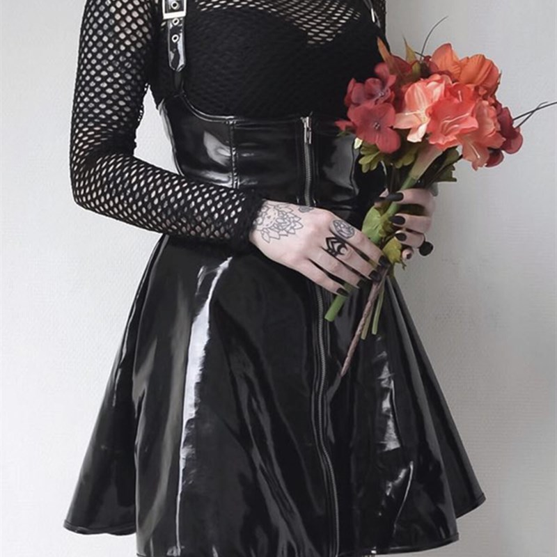 速发InsGoth Black Leather Skirts Women Gothic Setwear High W