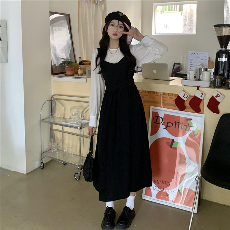 法连背带式衣裙女春季气质高腰小众显瘦裙子a字裙中长裙大裙摆潮