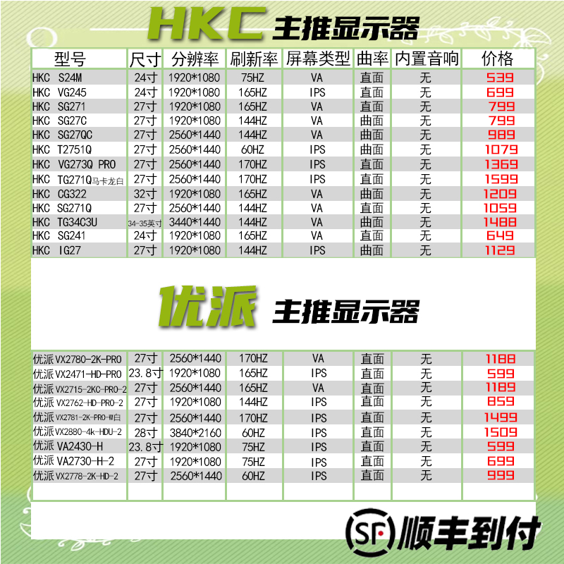 显示器24寸/27寸/32寸直面曲面2K/1I44HZ电竞4K专业设计绘图