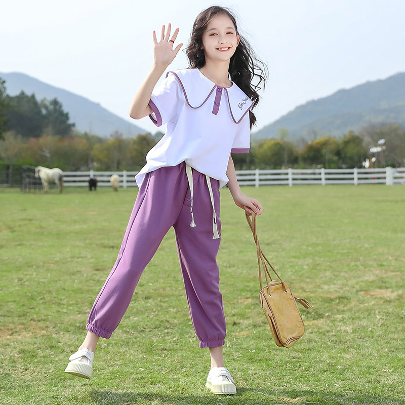 现货女童夏装套装2023新款网红学院风运动洋气时髦童装女大童夏天
