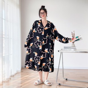 人造棉孕妇家居服连衣裙 春夏开衫 棉绸加大码 睡裙女200斤薄款 长袖