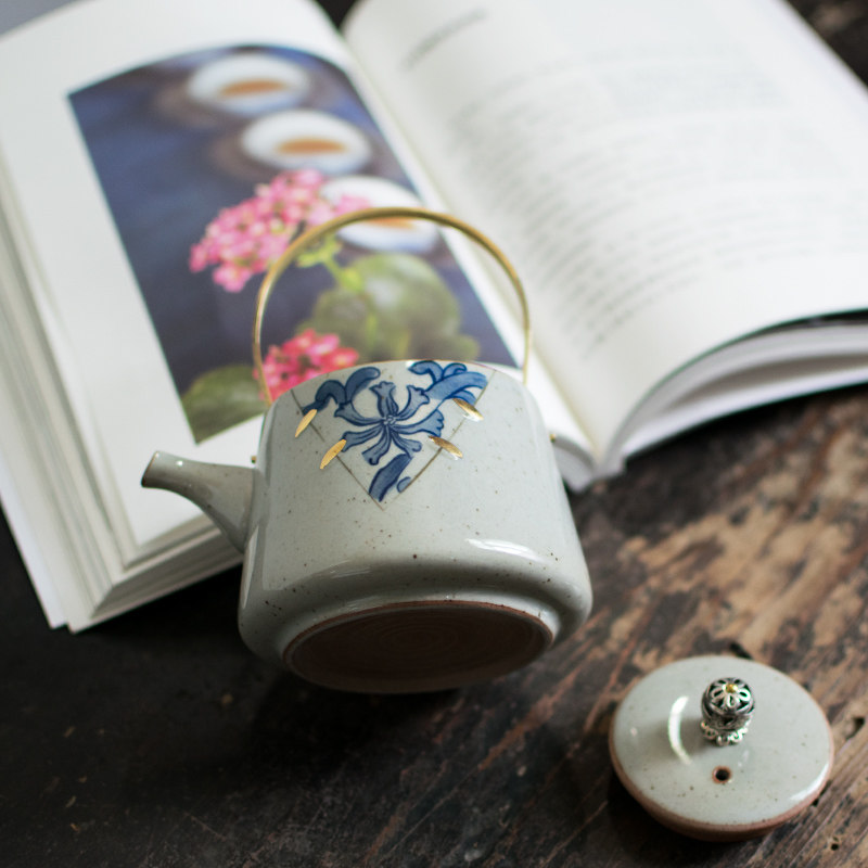 创意手绘青花小号提梁壶 功夫茶b具手提泡茶壶陶瓷日式单壶家居壶