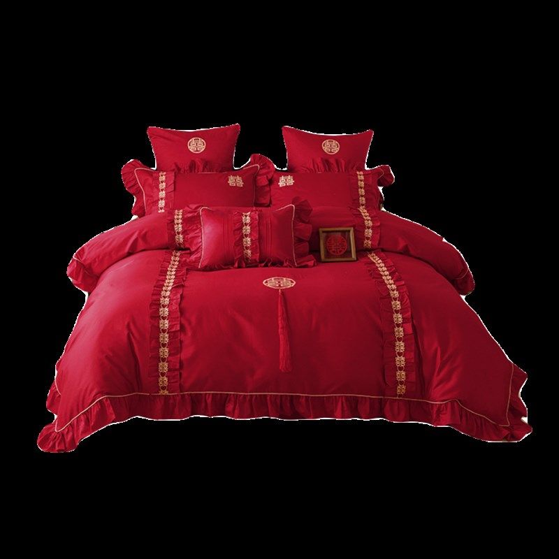 婚庆长绒棉四件套喜字刺绣结婚被套全棉床单陪嫁红色床品,床上用品,婚庆床品套件,淘宝优惠券,粉丝福利购,淘宝优惠卷