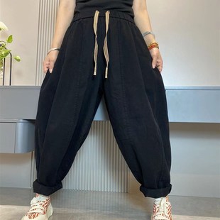 简约复古抽绳老爹裤 纯色休闲哈伦裤 宽松百搭L大版 新款 女2025秋季