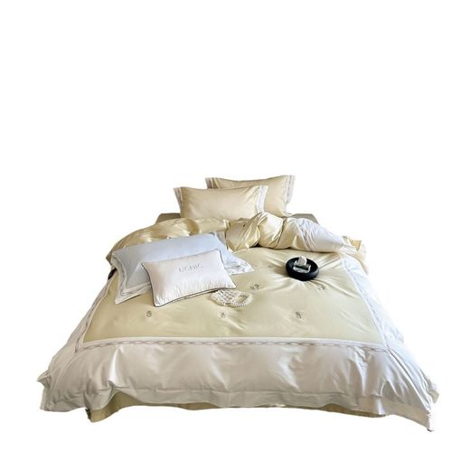 极简风纯色系高密绣花宽边100支全棉卧室被套床单床上用品四件套