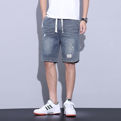 松紧腰蓝色水洗破洞直筒5分牛仔短裤男士2024夏季新款宽松五分裤