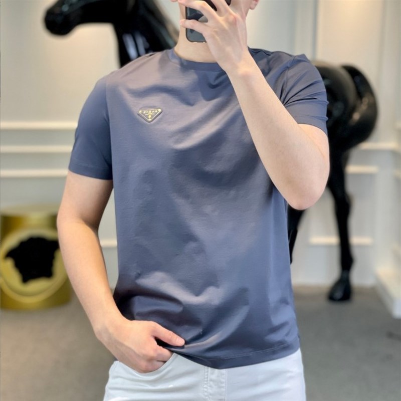 夏季新款欧货潮流时尚简约纯色丝光棉短袖男修身圆领网红冰丝T恤