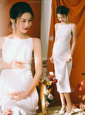 孕妇拍照服装新款复古气质时尚白色连衣裙孕妈咪大肚照写真摄影服