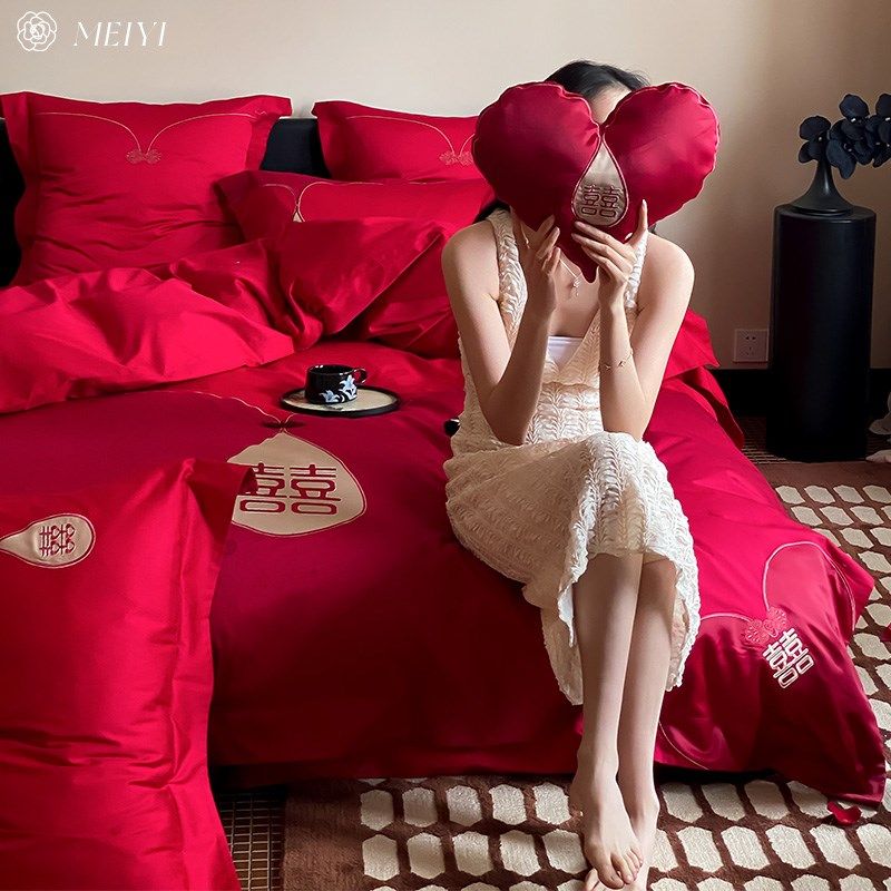 新中式婚庆四件套大红色被套全棉喜字婚房陪嫁结婚床上用品,床上用品,婚庆床品套件,淘宝优惠券,粉丝福利购,淘宝优惠卷