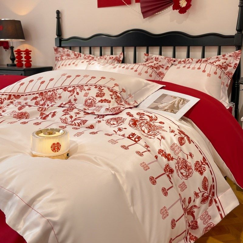 新中式喜字结婚四件套红色新婚床单被套婚庆床上用品婚房陪嫁,床上用品,婚庆床品套件,淘宝优惠券,粉丝福利购,淘宝优惠卷