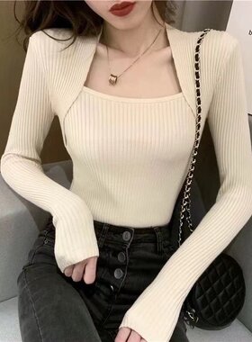 哺乳衣外出辣妈款秋冬方领长袖y打底产后内搭毛衣修身喂奶衣服上