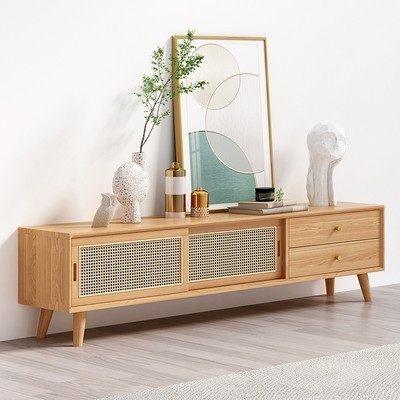 实木电视柜简约现代小户型原木藤编储物矮柜客厅卧室落地电视机柜