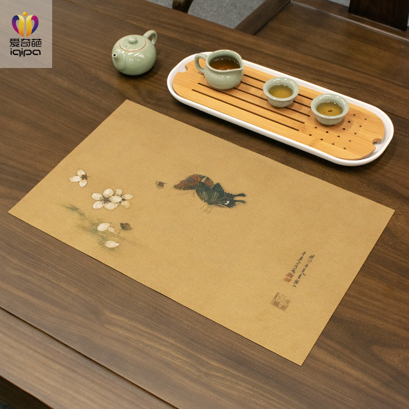 花鸟虫草小茶席禅l意新中式棉麻布艺防水干泡茶台餐桌垫子茶旗桌