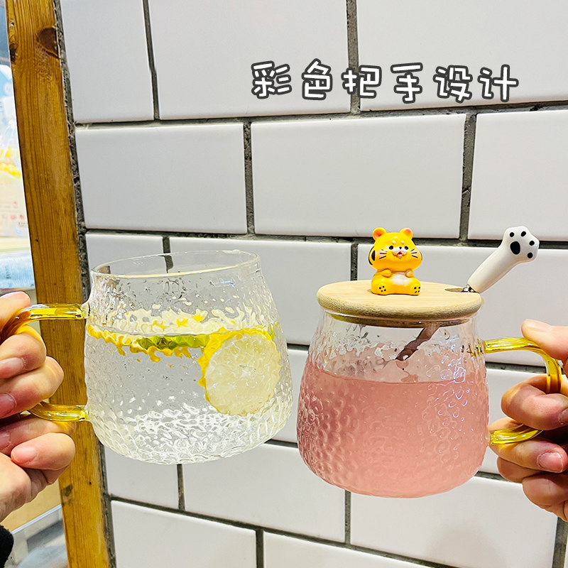 日式锤目纹水杯玻璃杯茶杯果汁杯牛奶家用玻璃带盖带勺子早餐杯子