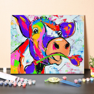 数字油画diy填充动物奶牛客厅解闷手工牛年填色手绘油彩丙烯画画