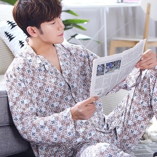 天薄款 棉绸条纹休闲大码 衬衫 长袖 绵绸家居服男士 睡衣春夏季 式 男款