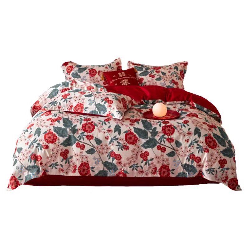 中式结婚四件套大红色新婚床单被套婚庆床上用品婚房陪嫁喜被,床上用品,婚庆床品套件,淘宝优惠券,粉丝福利购,淘宝优惠卷