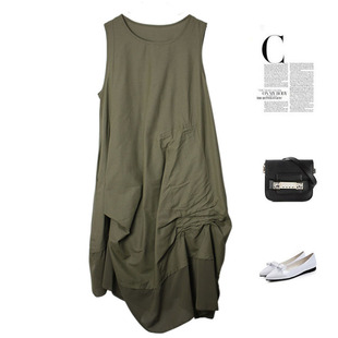 中长款背心裙女宽松圆领无袖个性折皱连衣裙百搭民族风.打底裙背