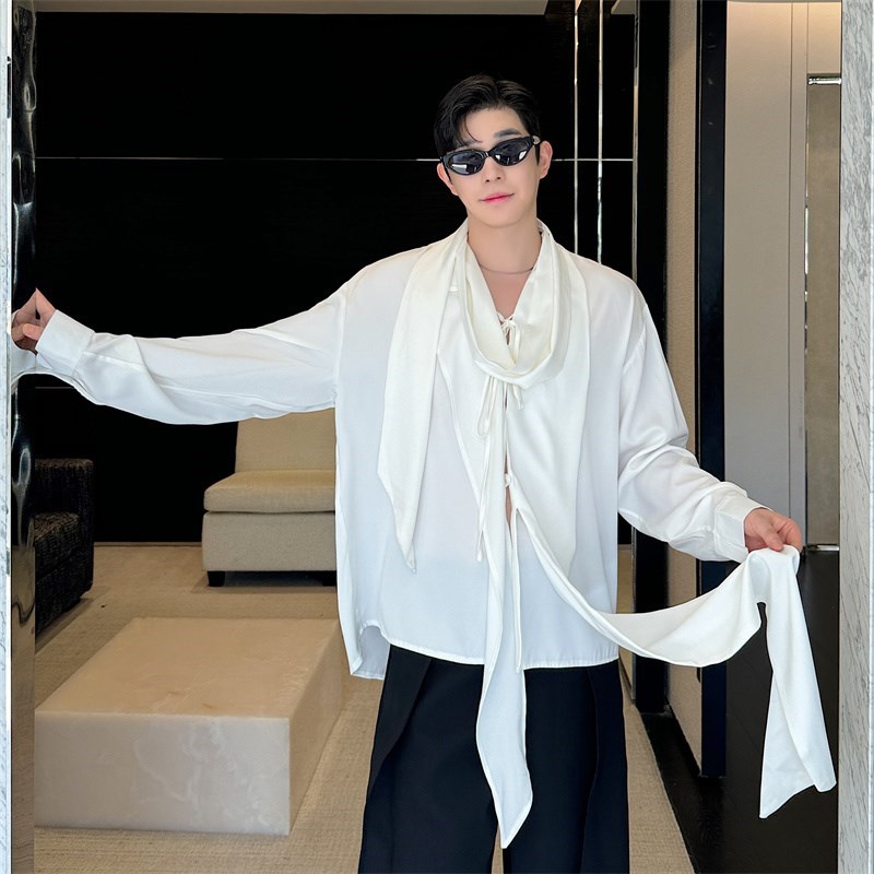 早秋高级感绸缎丝滑衬衫男长袖小众不规则飘带设计感气Z质垂感衬