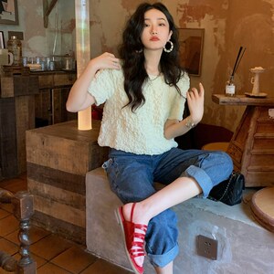现货任小艺Lit e mode法式白色泡泡袖上衣女夏设计感X小众t恤短款