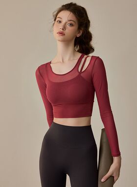 VLO高颜值瑜伽服女紧身显瘦红色跑步健身长袖网纱透气普拉提上衣