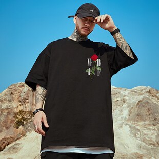 300g重磅美式重磅刺绣夏季短袖t恤加肥加大码男装纯棉胖子半袖夏