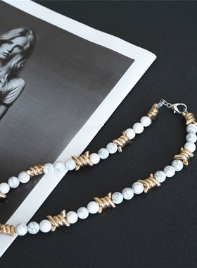 新款荆棘轻奢复古小众ins风格欧美情侣M白松石潮流珍珠金属项链