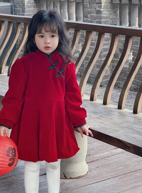 中国风女童2024秋冬新s款新年红色加绒旗袍连衣裙女宝宝加厚花苞