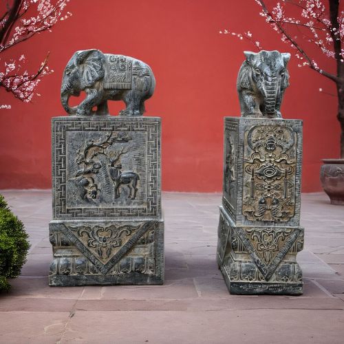 石雕方形石鼓青石门墩石仿古门口抱鼓石象石刻大象门墩抱鼓石一对