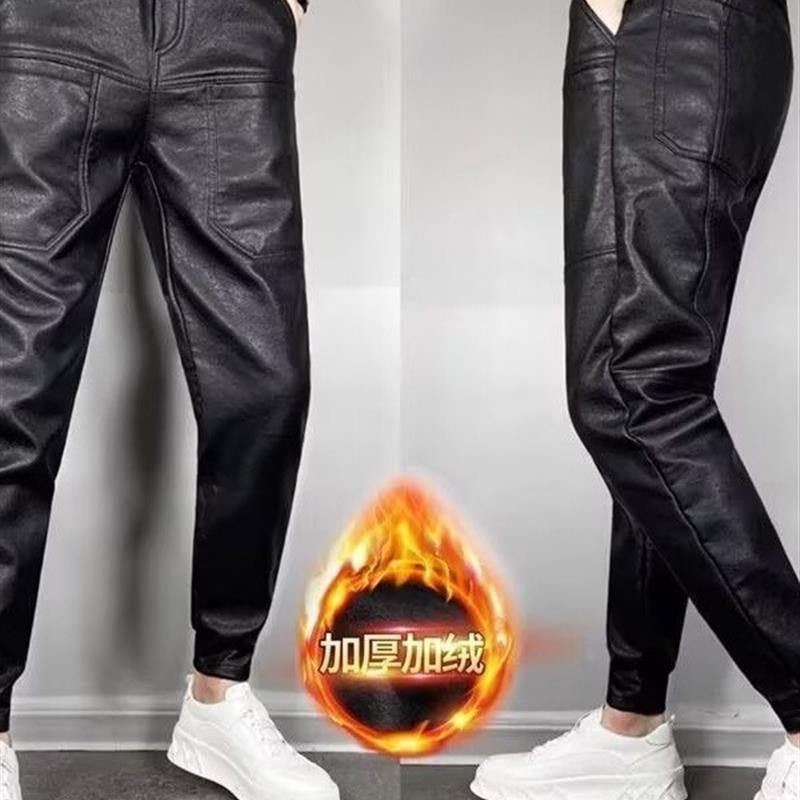 高货速发季男新款休闲弹力百搭机车皮裤韩版加绒加厚骑行保暖束脚