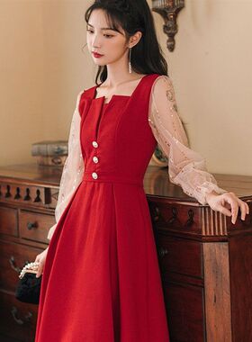 敬酒服新娘红色气质订婚拼接网纱晚礼服小个子连衣裙长袖平时可穿