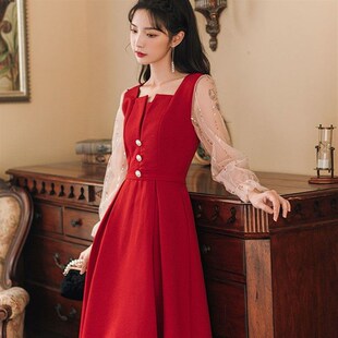 敬酒服新娘红色气质订婚拼接网纱晚礼服小个子连衣裙长袖平时可穿