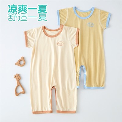 婴儿连体衣莫代尔夏季薄款男女宝宝短袖长裤哈衣爬服睡衣空调衣服