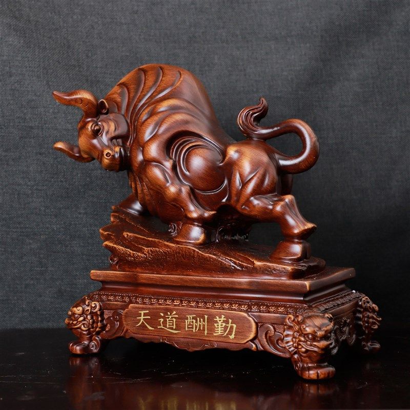 树脂工艺品招财新中式檀木色牛家居摆件玄l关装饰客厅公司开业礼