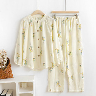 双层泡泡纱睡衣女春秋夏款纯x棉纱布布料长袖薄款可外穿家居服圆