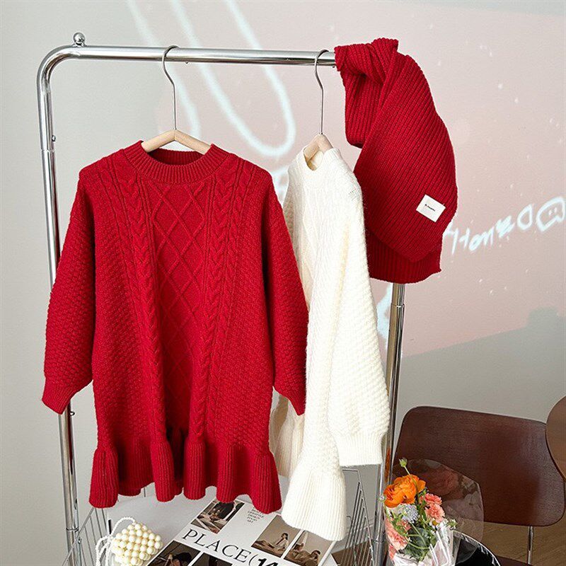 女童毛衣裙圣诞新年儿童针织麻花连衣裙秋冬装宝宝红色裙子鱼尾裙